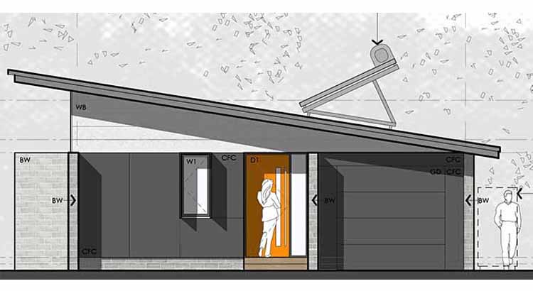 Side view of a house with a slanted roof