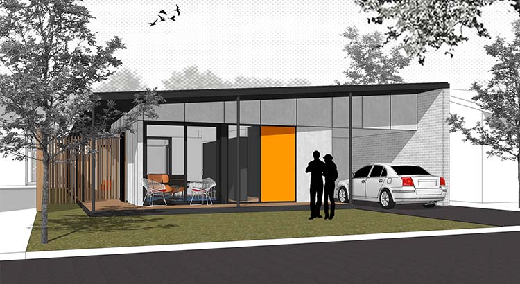a house featuring an outdoor car port and large windows