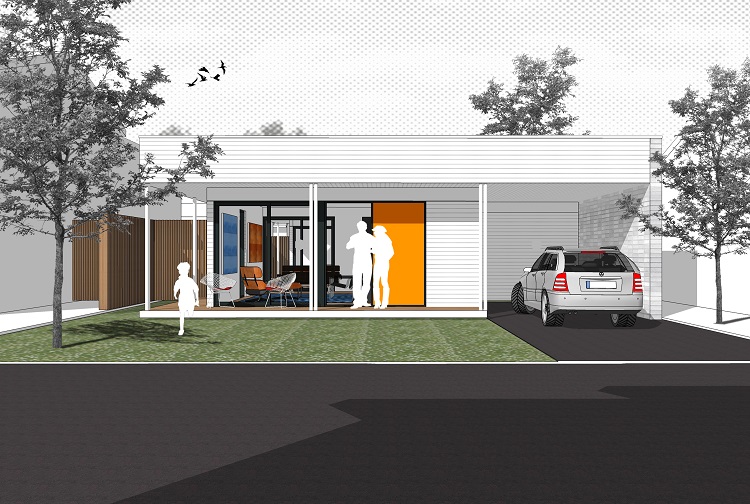 a house featuring an outdoor car port and large windows