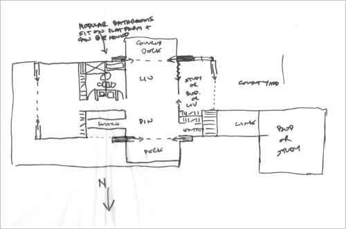 A very roughly drawn floorplan of a home, noting room names and rough shapes, windows, staircases and orientation.