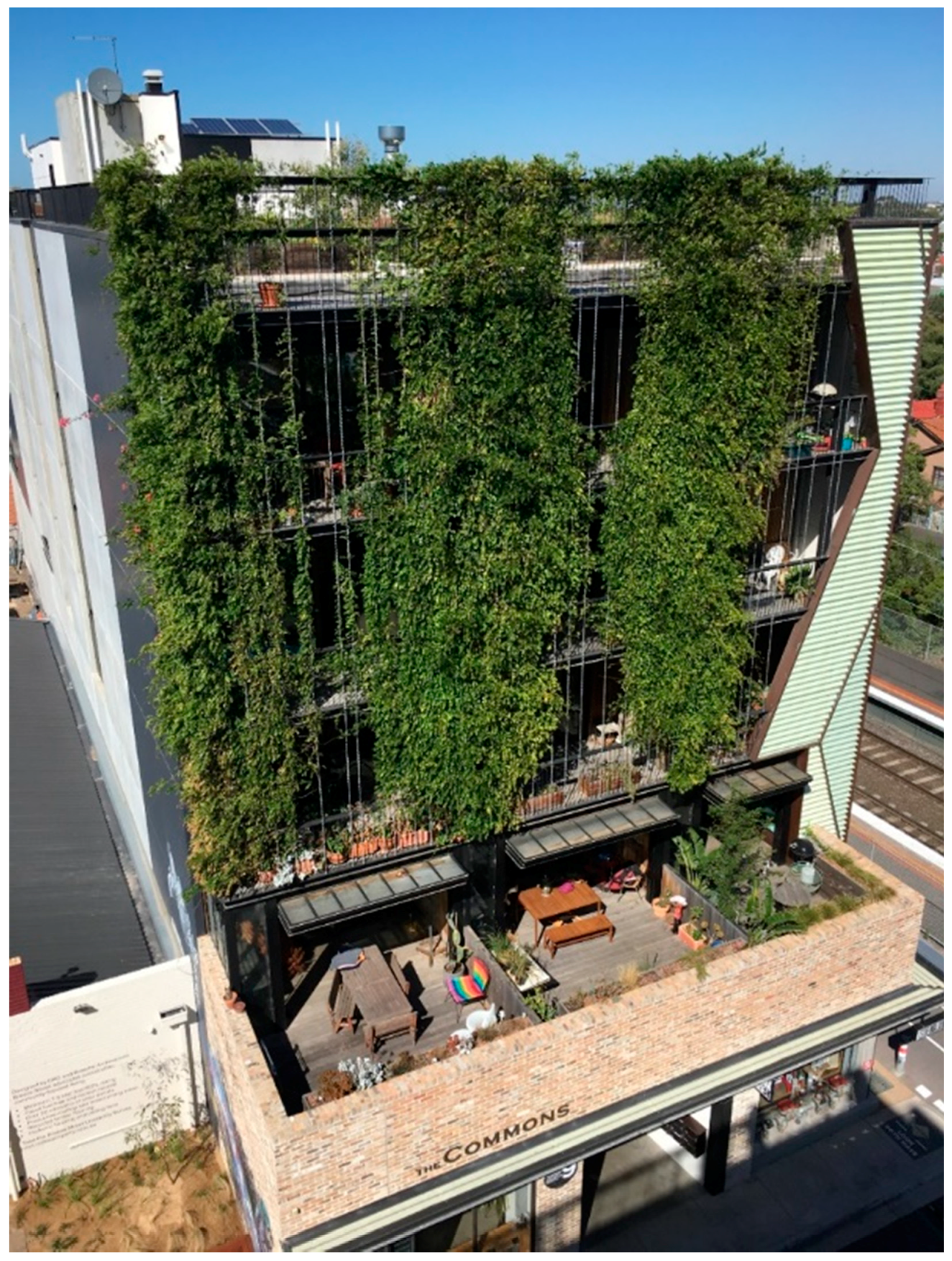 Aerial photo of the Commons building located in Melbourne. On half of the top of the first floor is an outdoor courtyard whilst behind it the building continues up several levels with a vertical garden growing up the side of the building. 
