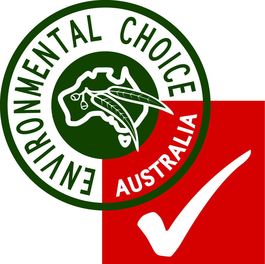 The logo for Good Environmental Choice Australia features the words 'Environmental Choice Australia' along with a map of Australia, eucalypt leaves, gum nuts and a large white tick on red background.