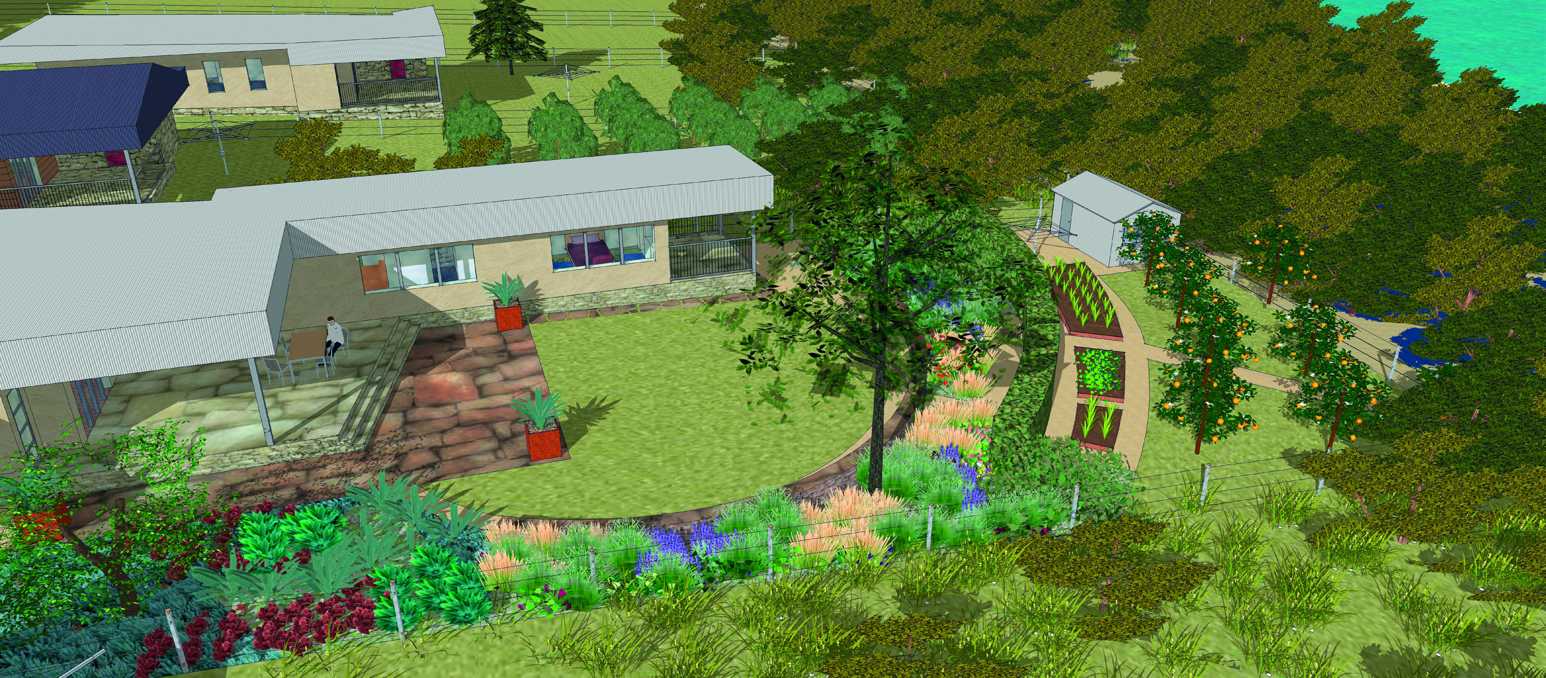 A detailed illustration of a home and its surroundings shows a good example of defendable space around the home. A cleared area between the house and surrounding vegetation provides a buffer zone to protect the home from approaching bushfires. Defendable space should have limited combustible materials, and wide paths for vehicles and people. 