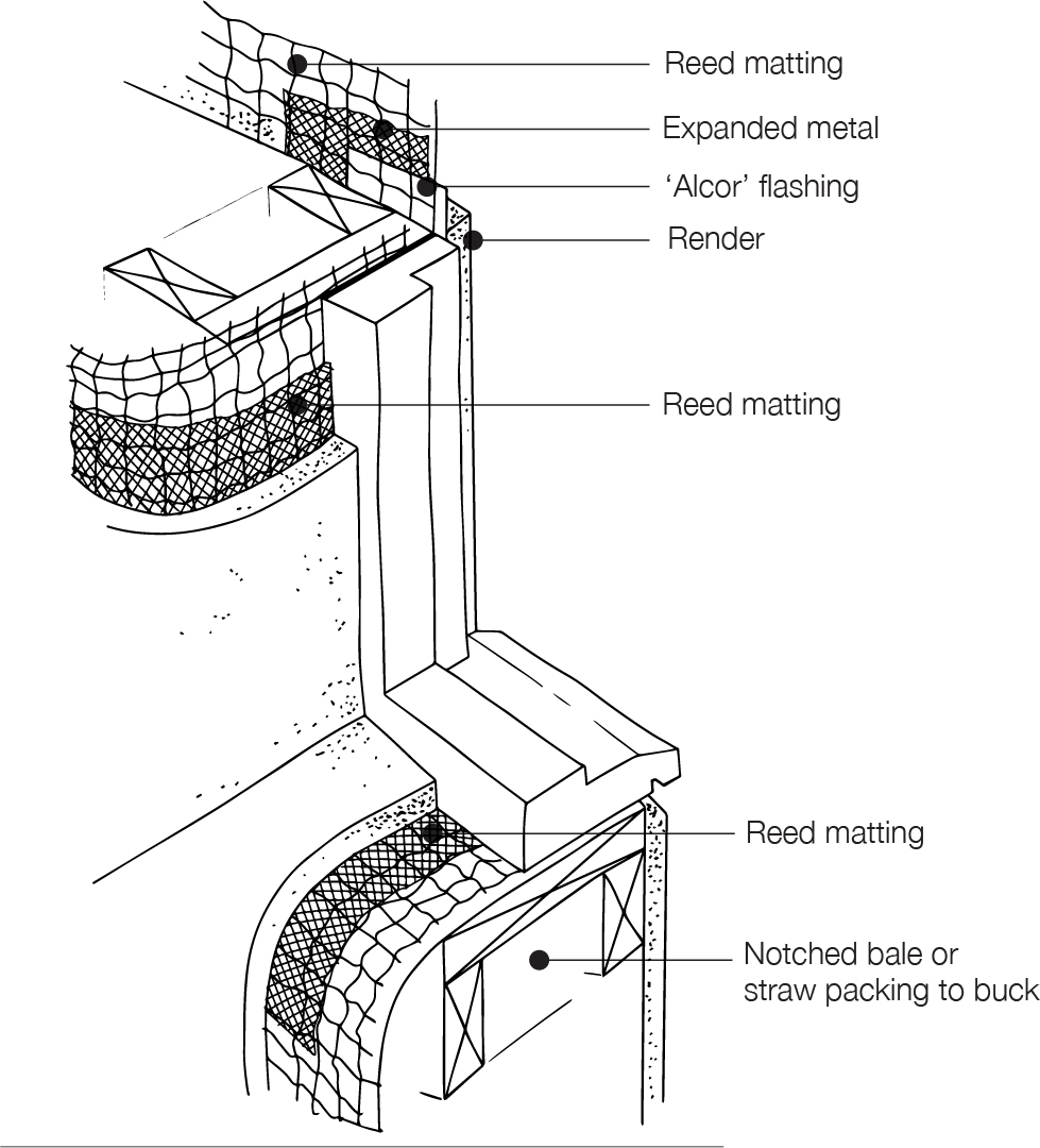 A line drawing of a cross-section of a window sill in a strawbale wall. Chicken wire, expanded metal, metal flashing and render is on the outside of the wall.