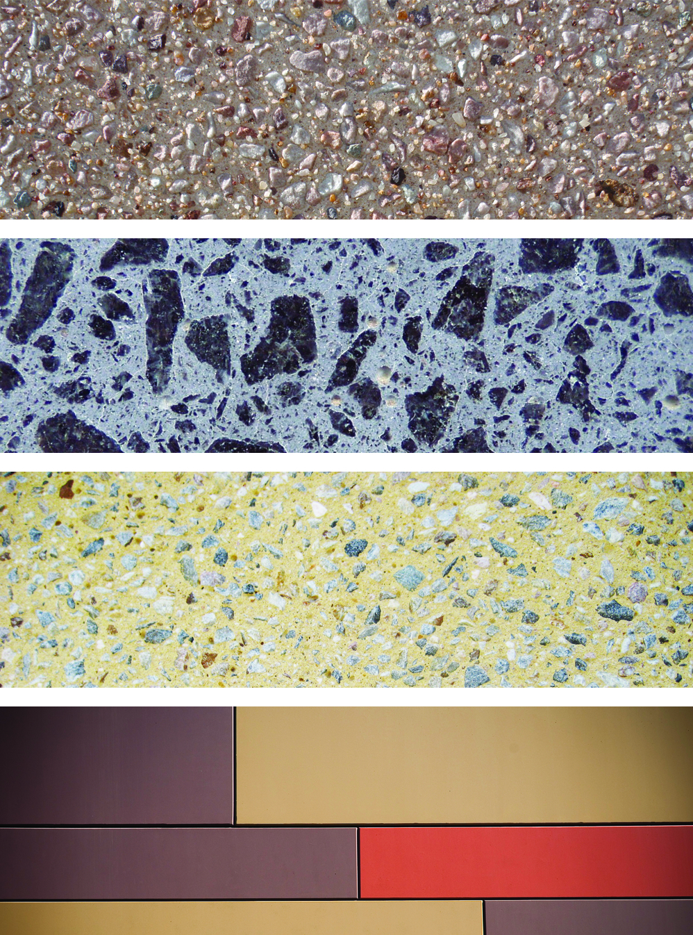 Photos of exposed, polished, sandblasted and stained concrete aggregates.